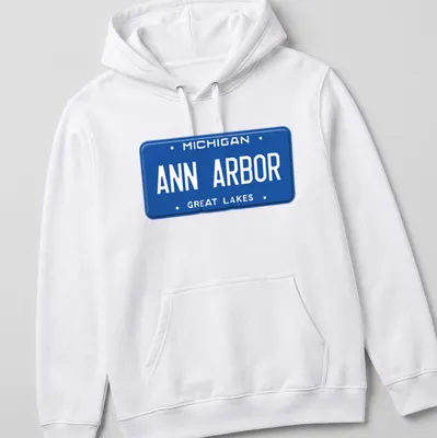 Vintage-style t-shirt featuring a Michigan license plate graphic in blue and white — printed on a unisex hoodie