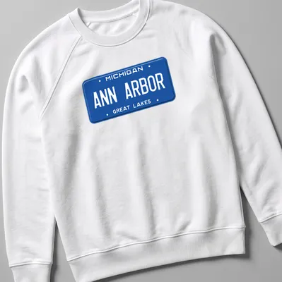 Vintage-style t-shirt featuring a Michigan license plate graphic in blue and white — printed on a unisex sweatshirt