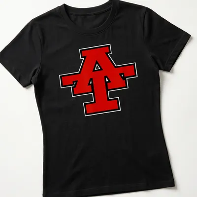 Bold graphic Anson Tigers logo T-shirt featuring a prominent letter A — printed on a women's shirt