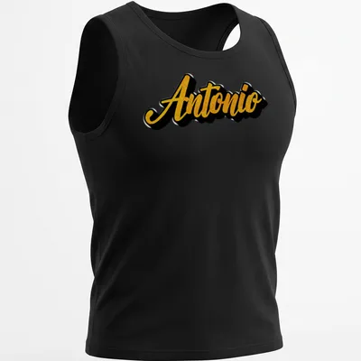 Bold script t-shirt featuring the name Antonio in gold on black. — printed on a tank top