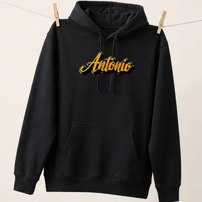 Bold script t-shirt featuring the name Antonio in gold on black. — printed on a unisex hoodie