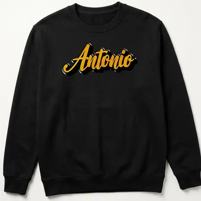 Bold script t-shirt featuring the name Antonio in gold on black. — printed on a unisex sweatshirt