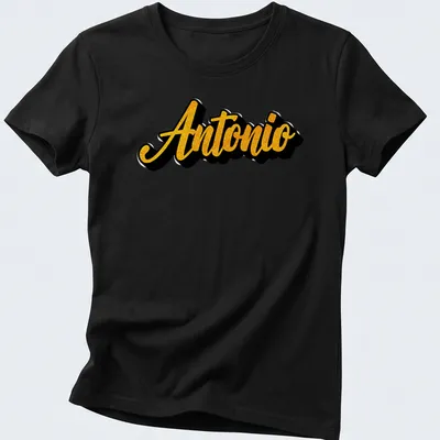 Bold script t-shirt featuring the name Antonio in gold on black. — printed on a women's shirt