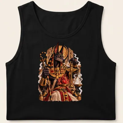 Intricate illustration of Anubis weighing a heart on sacred scales in gold, black, and red — printed on a tank top