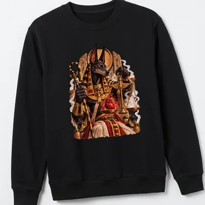 Intricate illustration of Anubis weighing a heart on sacred scales in gold, black, and red — printed on a unisex sweatshirt