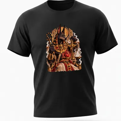 Intricate illustration of Anubis weighing a heart on sacred scales in gold, black, and red — printed on a unisex t-shirt
