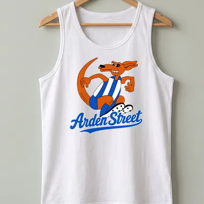 Cartoon kangaroo sports mascot with Arden Street text in orange, blue, and white — printed on a tank top