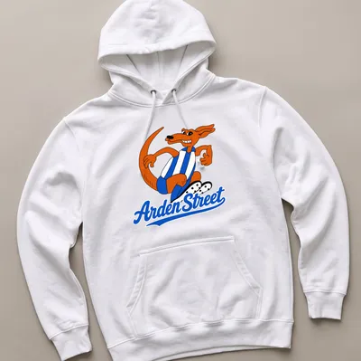 Cartoon kangaroo sports mascot with Arden Street text in orange, blue, and white — printed on a unisex hoodie
