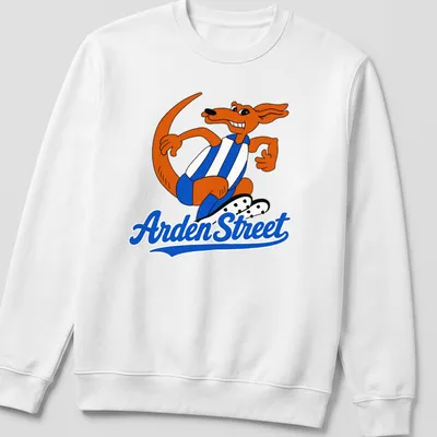 Cartoon kangaroo sports mascot with Arden Street text in orange, blue, and white — printed on a unisex sweatshirt