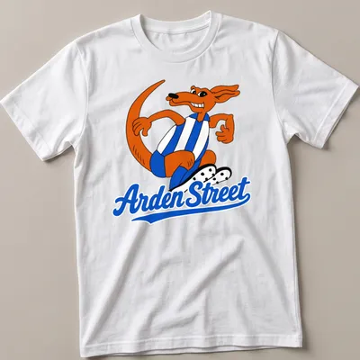 Cartoon kangaroo sports mascot with Arden Street text in orange, blue, and white — printed on a unisex t-shirt