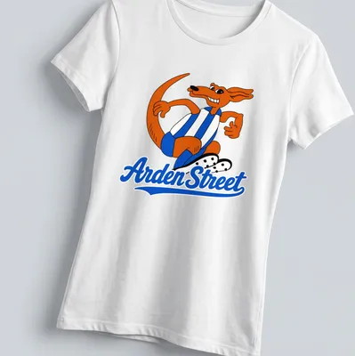 Cartoon kangaroo sports mascot with Arden Street text in orange, blue, and white — printed on a women's shirt