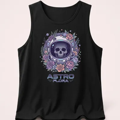Colorful astronaut skull with flowers in pastel colors and detailed design — printed on a tank top