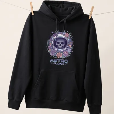 Colorful astronaut skull with flowers in pastel colors and detailed design — printed on a unisex hoodie