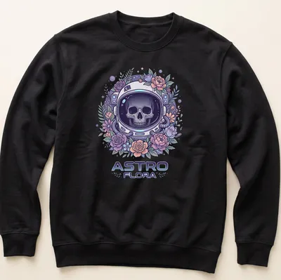 Colorful astronaut skull with flowers in pastel colors and detailed design — printed on a unisex sweatshirt