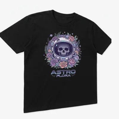 Colorful astronaut skull with flowers in pastel colors and detailed design — printed on a unisex t-shirt (angled view)