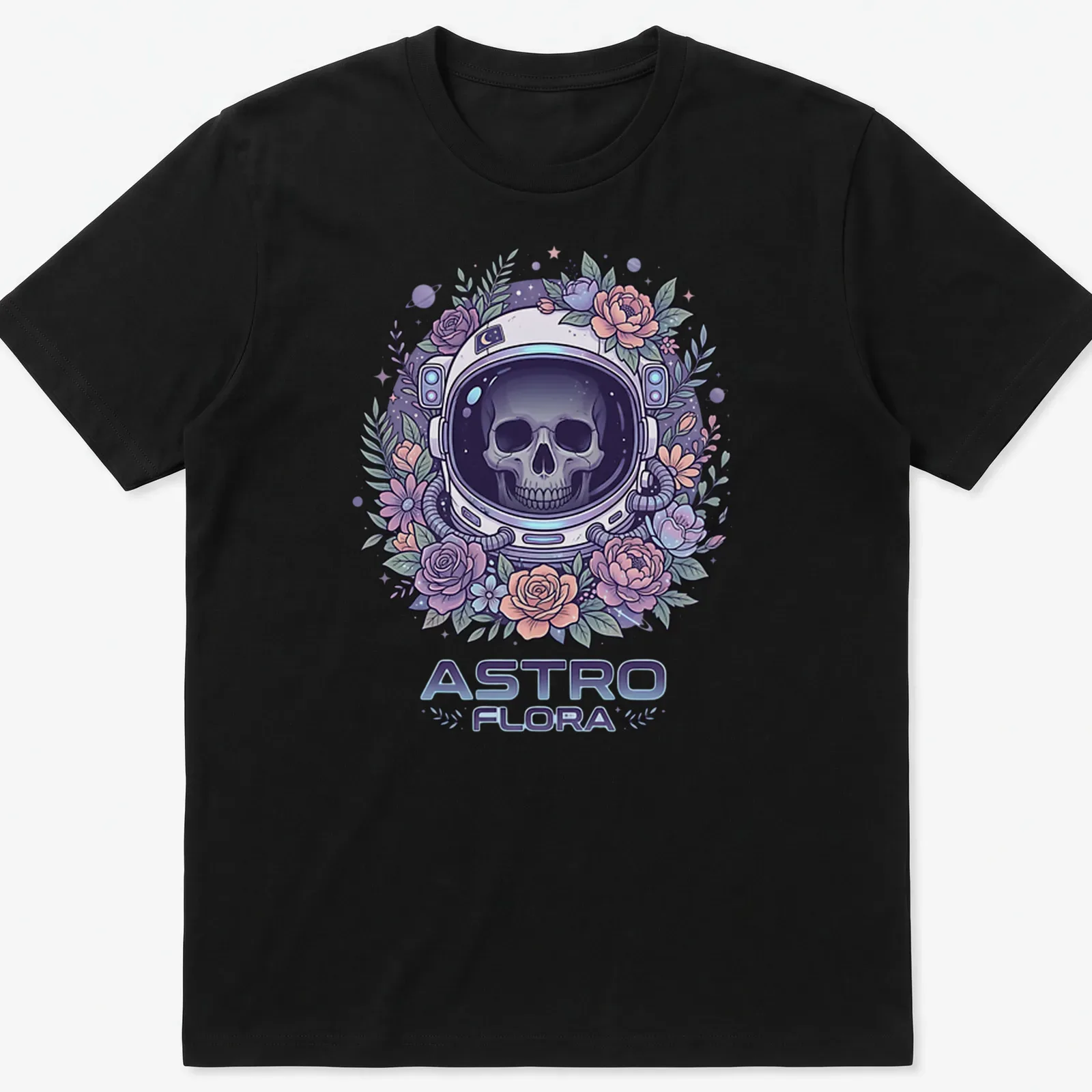 Colorful astronaut skull with flowers in pastel colors and detailed design — printed on a unisex t-shirt