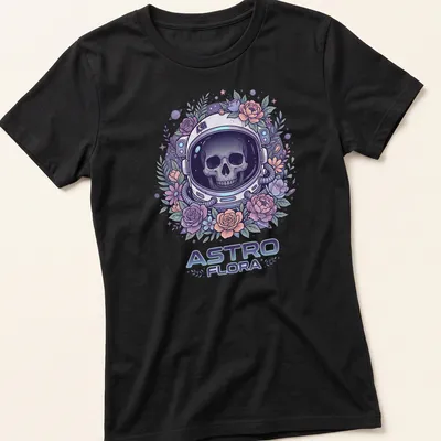 Colorful astronaut skull with flowers in pastel colors and detailed design — printed on a women's shirt