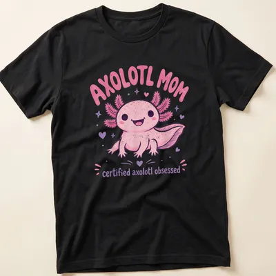 Kawaii pink axolotl with text saying Axolotl Mom certified axolotl obsessed. — printed on a unisex t-shirt