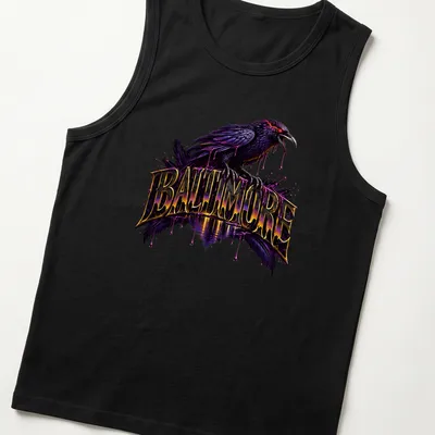 Vibrant graphic tee featuring a raven and 'BALTIMORE' in bold lettering. — printed on a tank top