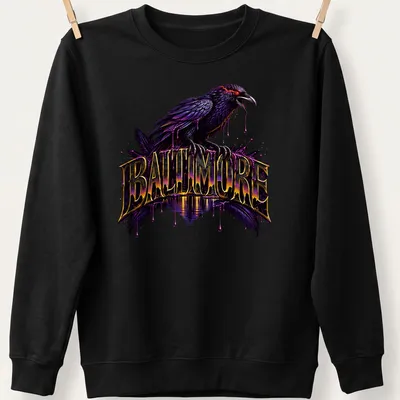 Vibrant graphic tee featuring a raven and 'BALTIMORE' in bold lettering. — printed on a unisex sweatshirt