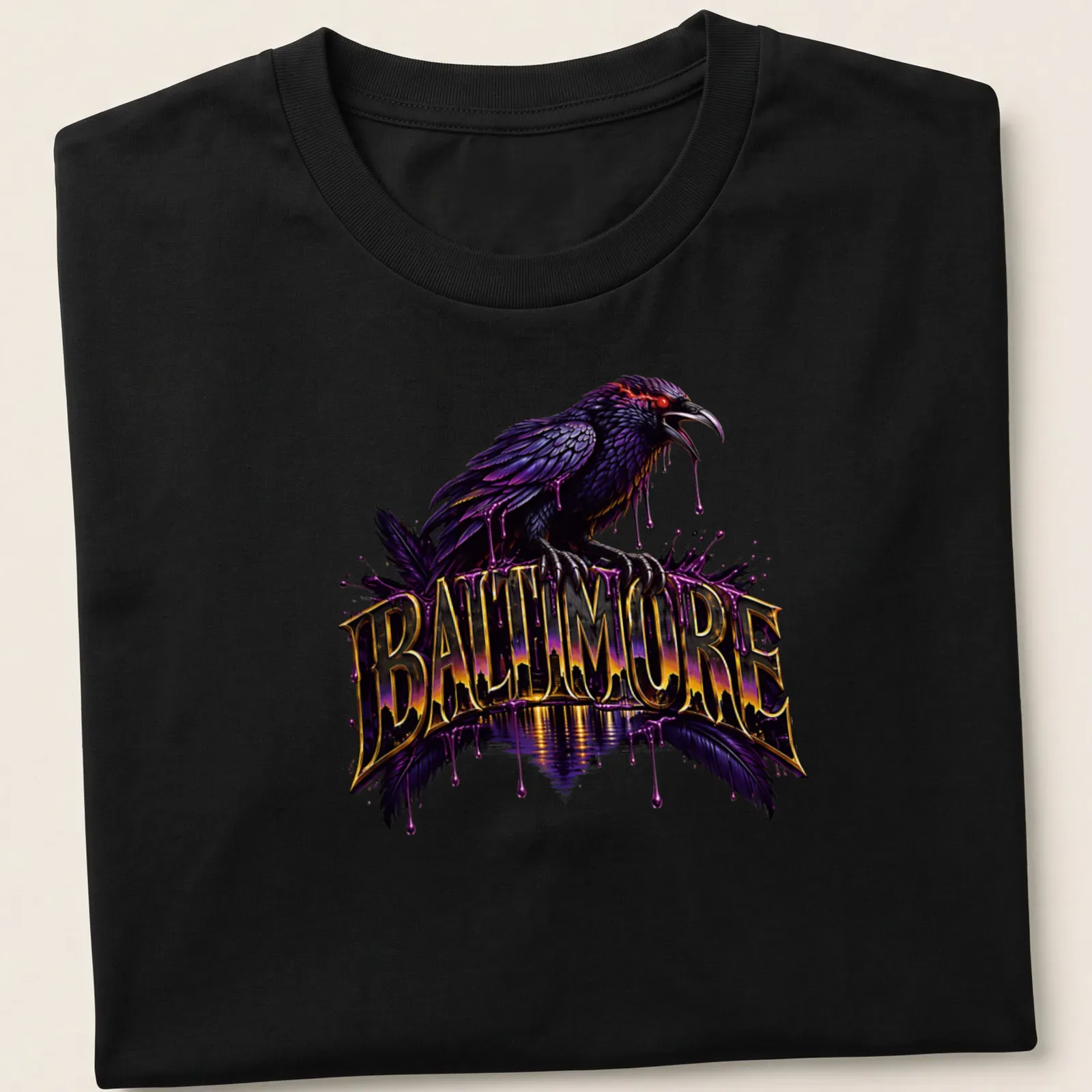 Vibrant graphic tee featuring a raven and 'BALTIMORE' in bold lettering. — printed on a unisex t-shirt