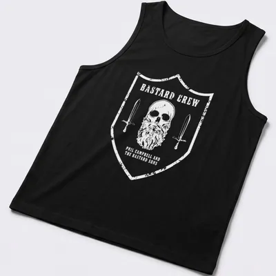 T-shirt featuring a skull with a beard and swords, with vintage distressed text. — printed on a tank top