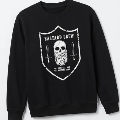 T-shirt featuring a skull with a beard and swords, with vintage distressed text. — printed on a unisex sweatshirt