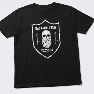 T-shirt featuring a skull with a beard and swords, with vintage distressed text.
