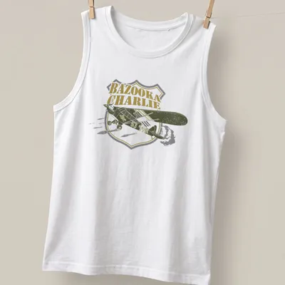 Vintage bomber aircraft design with BAZOOKA CHARLIE text in retro style — printed on a tank top