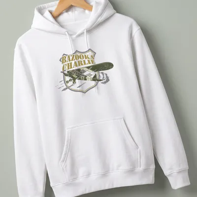 Vintage bomber aircraft design with BAZOOKA CHARLIE text in retro style — printed on a unisex hoodie