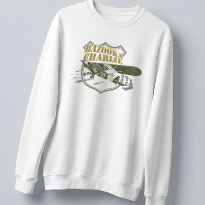 Vintage bomber aircraft design with BAZOOKA CHARLIE text in retro style — printed on a unisex sweatshirt