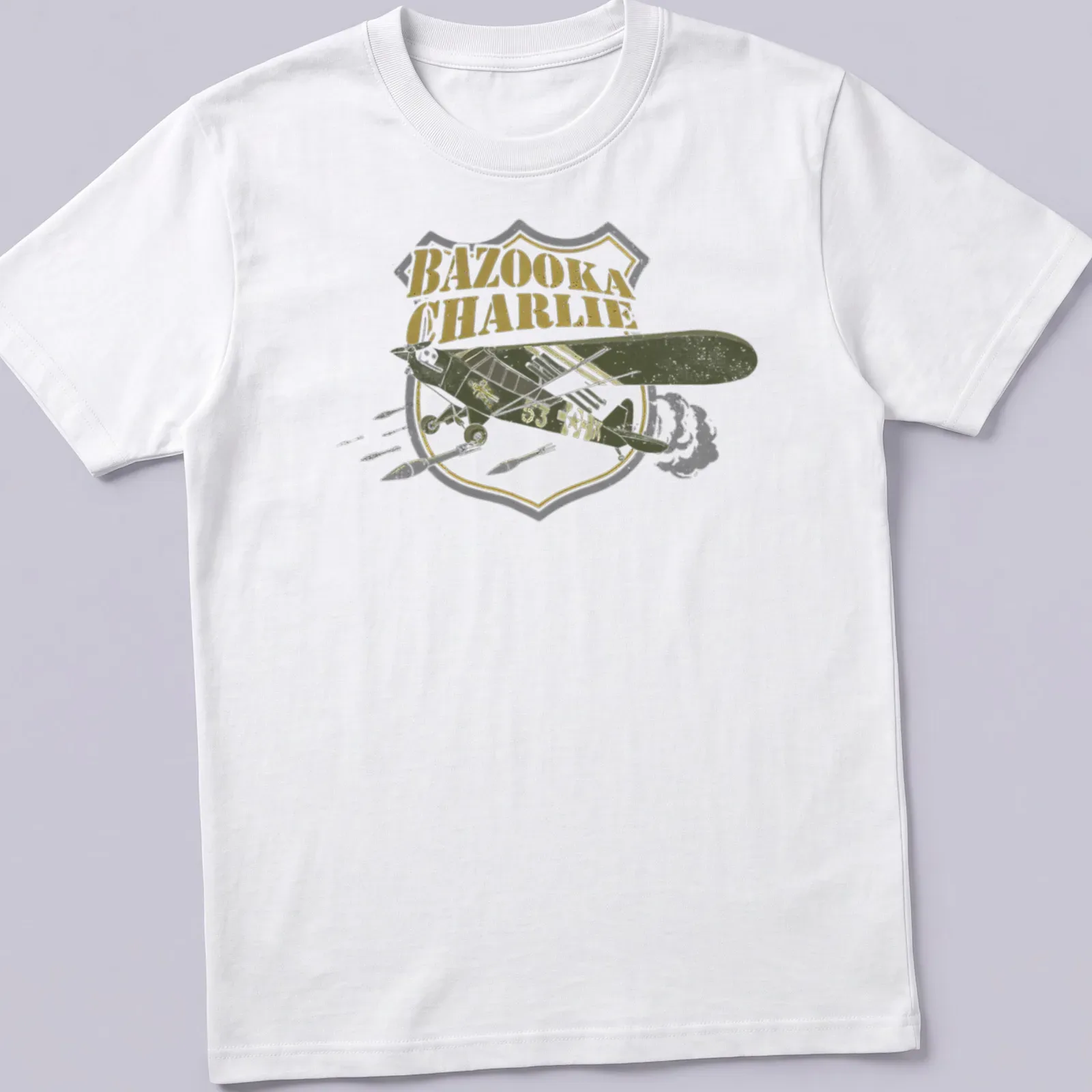 Vintage bomber aircraft design with BAZOOKA CHARLIE text in retro style — printed on a unisex t-shirt