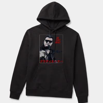 Bold graphic tee featuring wrestler with text 'BE LIKE MIKE グラディエーター' in red, black, and white. — printed on a unisex hoodie