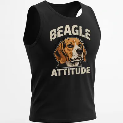 Retro halftone print of a beagle's face with the words Beagle Attitude — printed on a tank top