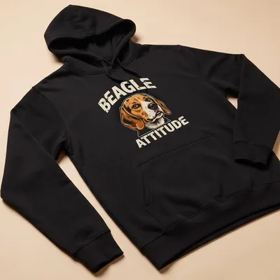 Retro halftone print of a beagle's face with the words Beagle Attitude — printed on a unisex hoodie
