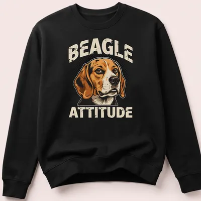 Retro halftone print of a beagle's face with the words Beagle Attitude — printed on a unisex sweatshirt