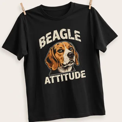 Retro halftone print of a beagle's face with the words Beagle Attitude