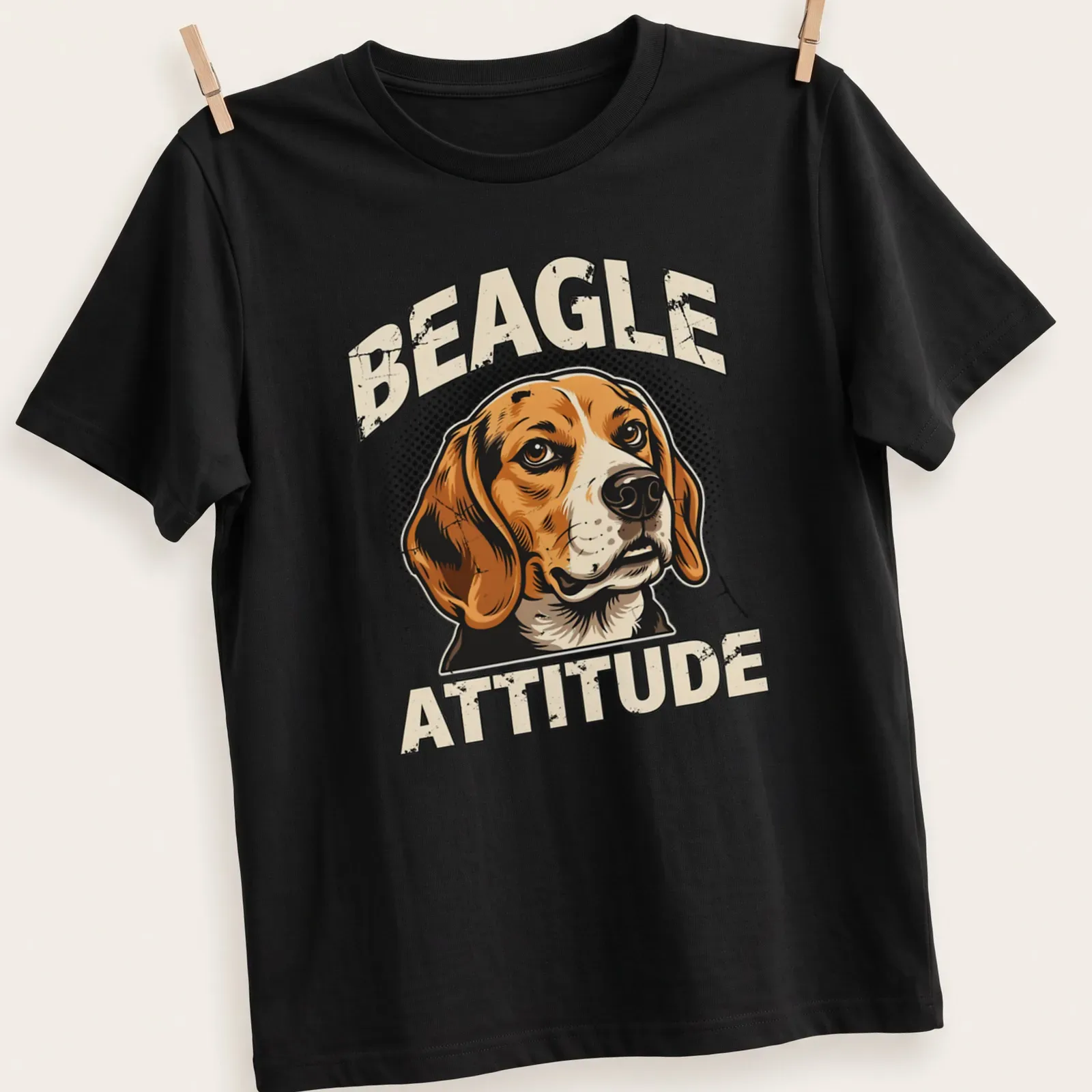 Retro halftone print of a beagle's face with the words Beagle Attitude — printed on a unisex t-shirt