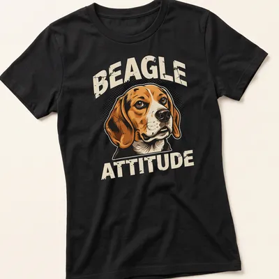 Retro halftone print of a beagle's face with the words Beagle Attitude — printed on a women's shirt