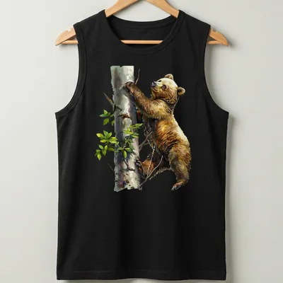 Watercolor design of a bear cub climbing a tree in soft colors — printed on a tank top