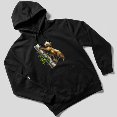 Watercolor design of a bear cub climbing a tree in soft colors — printed on a unisex hoodie