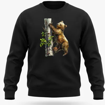 Watercolor design of a bear cub climbing a tree in soft colors — printed on a unisex sweatshirt