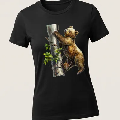 Watercolor design of a bear cub climbing a tree in soft colors — printed on a women's shirt