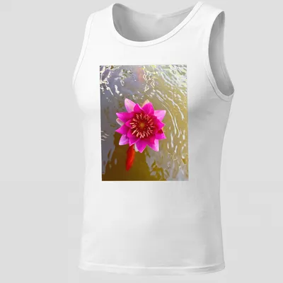 Natural photography of a pink water lily in a tranquil pond setting — printed on a tank top