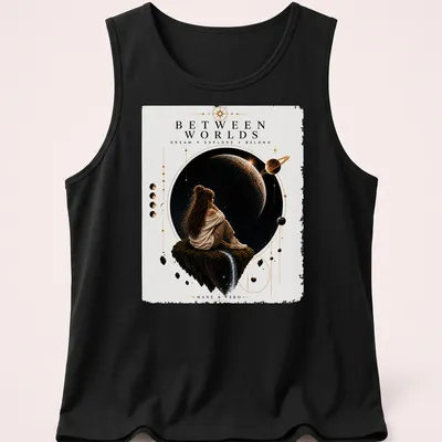 Silhouette of a girl on a floating rock in space with cosmic colors and inspirational text — printed on a tank top