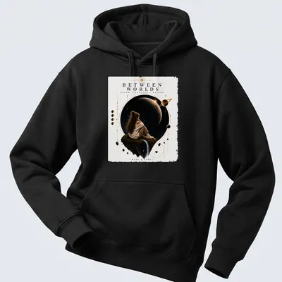 Silhouette of a girl on a floating rock in space with cosmic colors and inspirational text — printed on a unisex hoodie