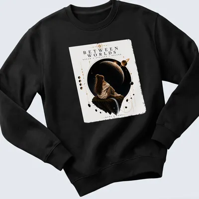 Silhouette of a girl on a floating rock in space with cosmic colors and inspirational text — printed on a unisex sweatshirt