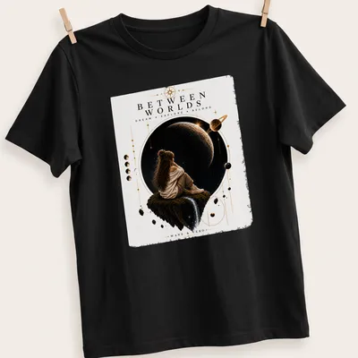 Silhouette of a girl on a floating rock in space with cosmic colors and inspirational text