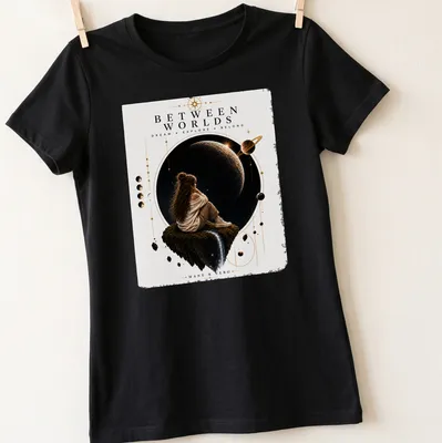 Silhouette of a girl on a floating rock in space with cosmic colors and inspirational text — printed on a women's shirt