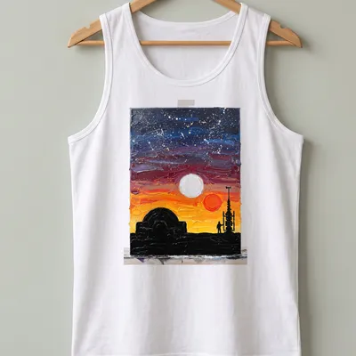 Silhouette of a figure against a colorful sunset in oil painting style — printed on a tank top